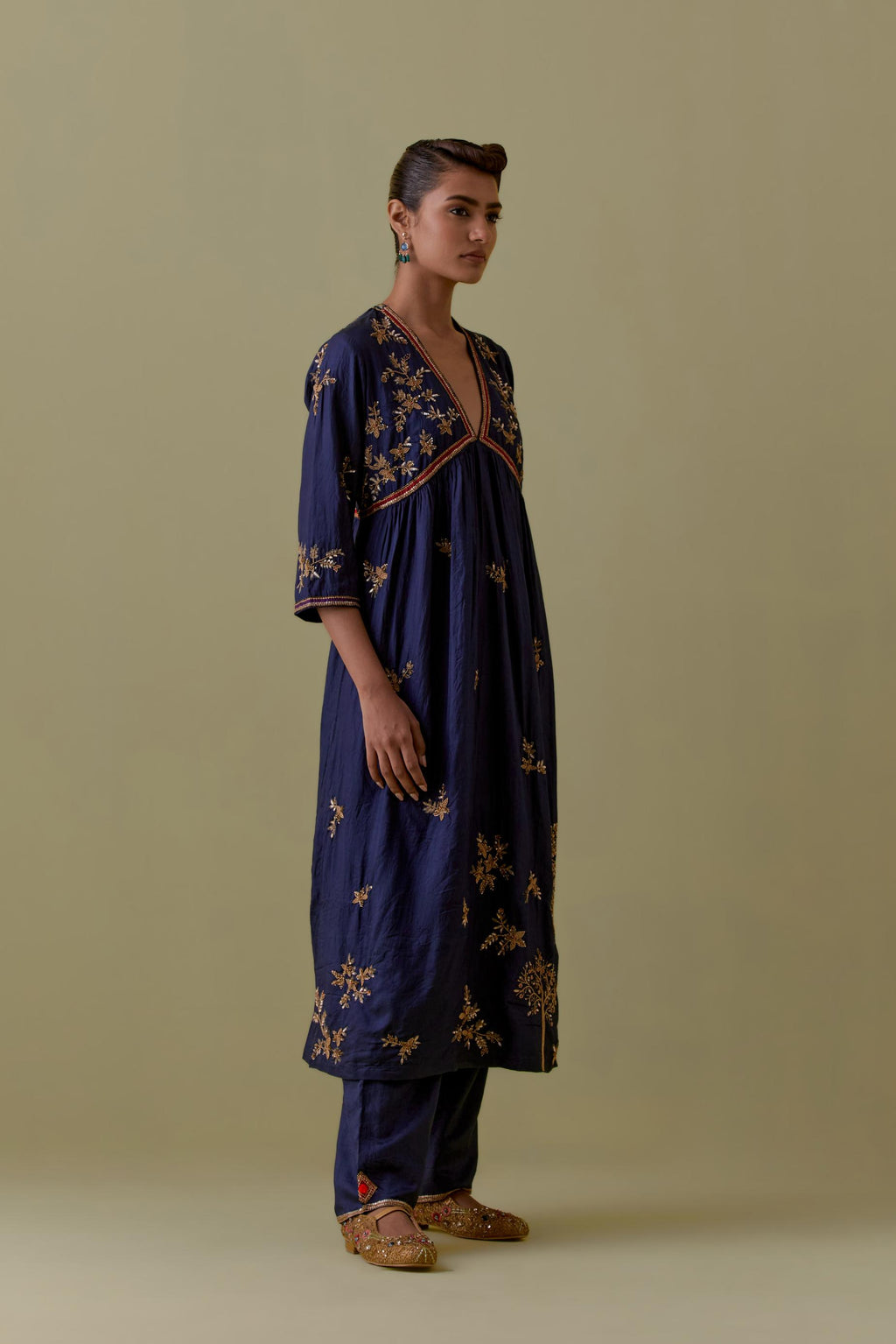 Indigo silk Kurta set with hand worked Floral & Tree Motifs.