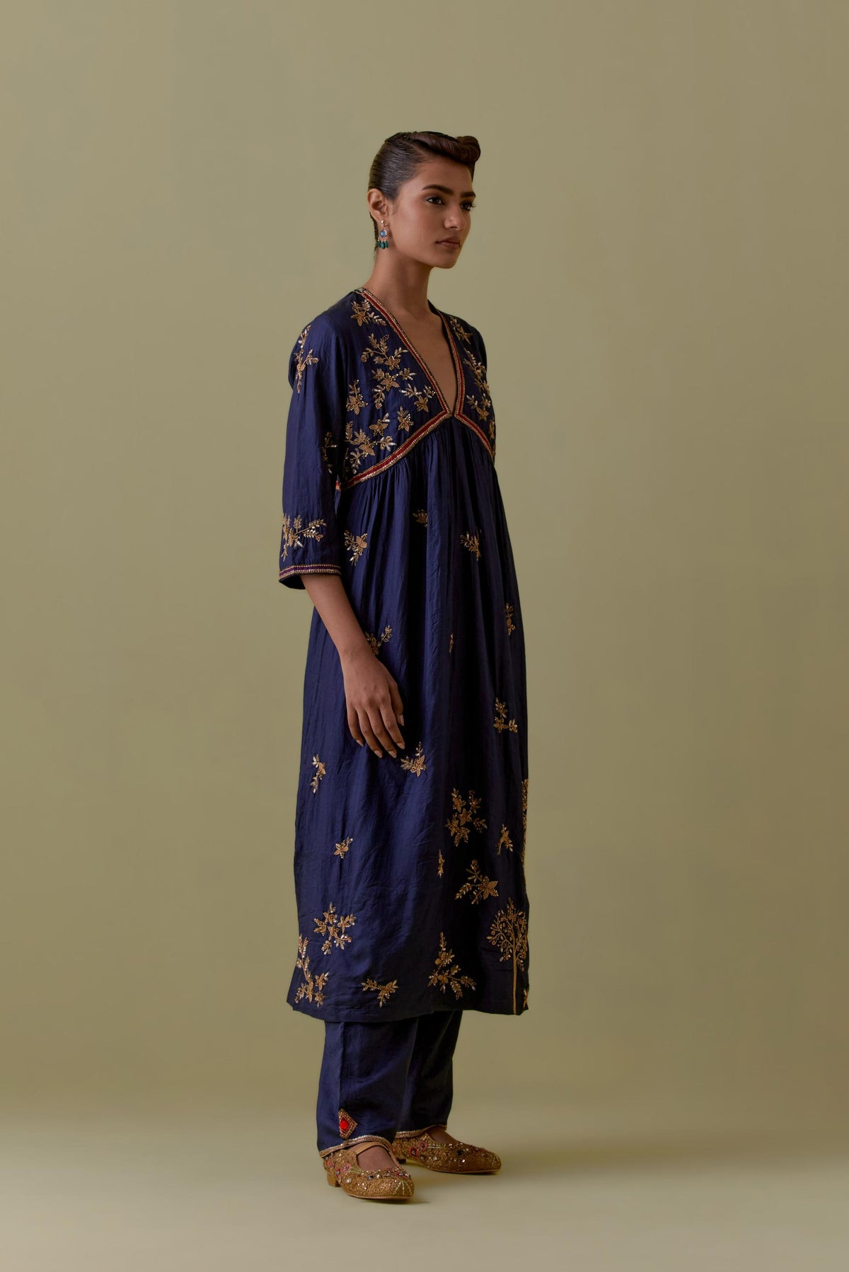 Indigo silk Kurta set with hand worked Floral & Tree Motifs.