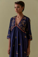 Indigo silk Kurta set with hand worked Floral & Tree Motifs.