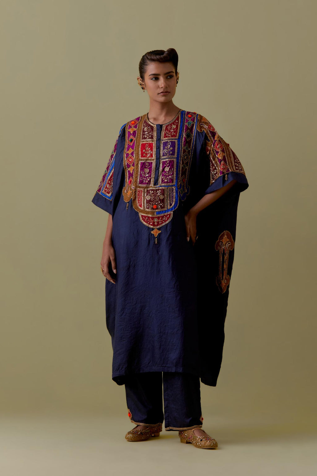 Indigo Kaftan with Multicoloured Appliqué & Handwork. Paired with Indigo Silk Hand-Block Printed Straight Pants with hand work at hem.