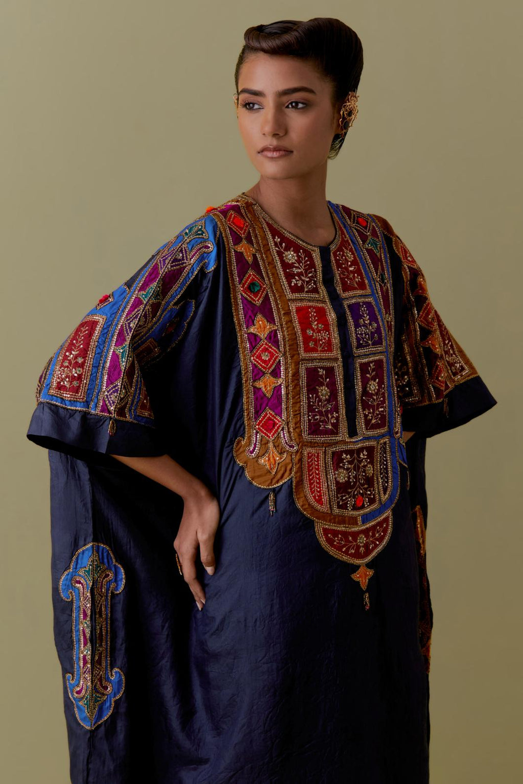 Indigo Kaftan with Multicoloured Appliqué & Handwork. Paired with Indigo Silk Hand-Block Printed Straight Pants with hand work at hem.