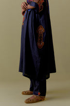 Indigo Kaftan with Multicoloured Appliqué & Handwork. Paired with Indigo Silk Hand-Block Printed Straight Pants with hand work at hem.