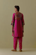 Fuchsia Silk Kalidar Kurta with Multicoloured Appliqué. Paired with fuchsia Silk Salwar with Gold seuins and bead Handwork