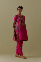Fuchsia Silk Kalidar Kurta with Multicoloured Appliqué. Paired with fuchsia Silk Salwar with Gold seuins and bead Handwork