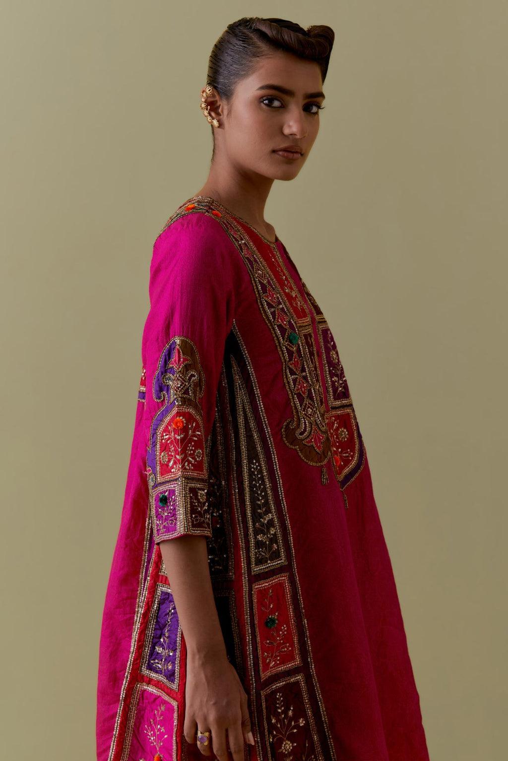 Fuchsia Silk Kalidar Kurta with Multicoloured Appliqué. Paired with fuchsia Silk Salwar with Gold seuins and bead Handwork