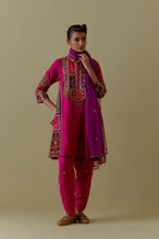 Fuchsia Silk Kalidar Kurta with Multicoloured Appliqué. Paired with fuchsia Silk Salwar with Gold seuins and bead Handwork