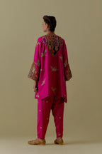 Fuchsia silk A-Line Kurta set with multicoloured appliqué & Hand-Worked Bird Motifs.