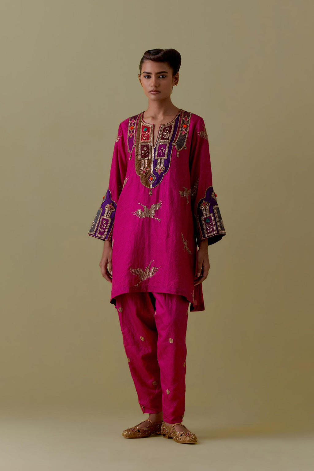 Fuchsia silk A-Line Kurta set with multicoloured appliqué & Hand-Worked Bird Motifs.