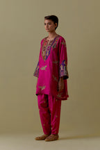Fuchsia silk A-Line Kurta set with multicoloured appliqué & Hand-Worked Bird Motifs.