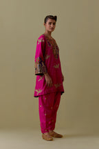 Fuchsia silk A-Line Kurta set with multicoloured appliqué & Hand-Worked Bird Motifs.