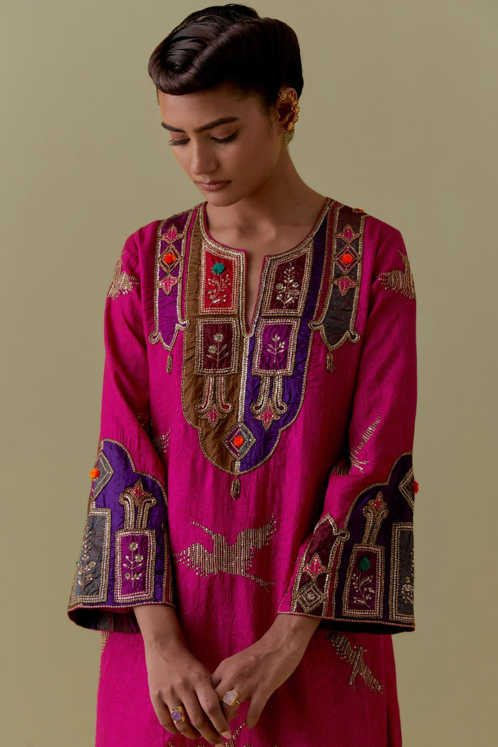Fuchsia silk A-Line Kurta set with multicoloured appliqué & Hand-Worked Bird Motifs.
