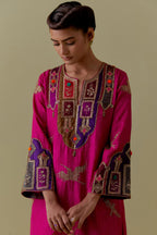 Fuchsia silk A-Line Kurta set with multicoloured appliqué & Hand-Worked Bird Motifs.