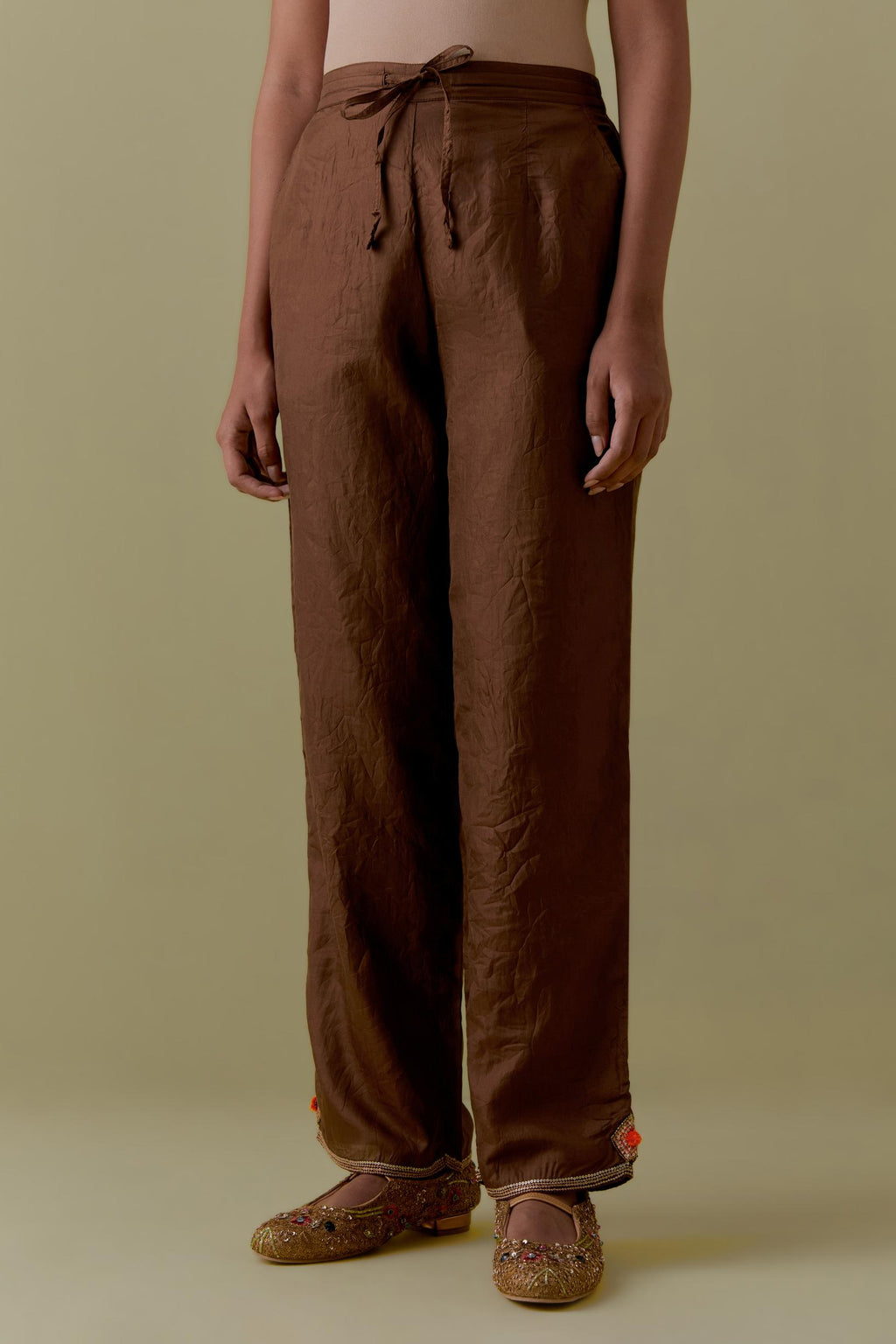 Chocolate Silk Hand-Block Printed Straight Pants with hand work at hem.