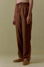 Chocolate Silk Hand-Block Printed Straight Pants with hand work at hem.