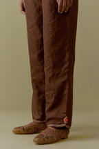 Chocolate Silk Hand-Block Printed Straight Pants with hand work at hem.