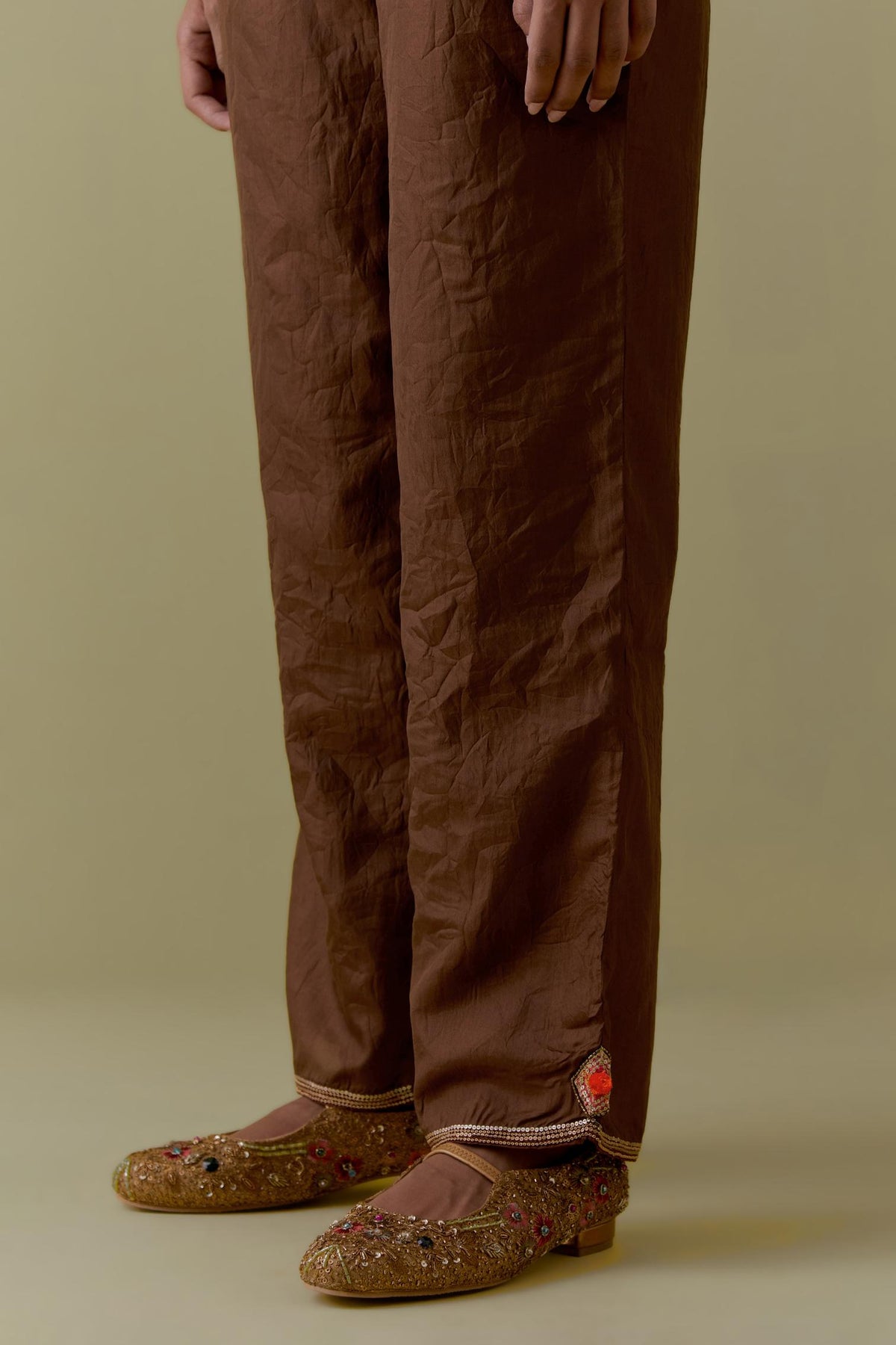 Chocolate Silk Hand-Block Printed Straight Pants with hand work at hem.