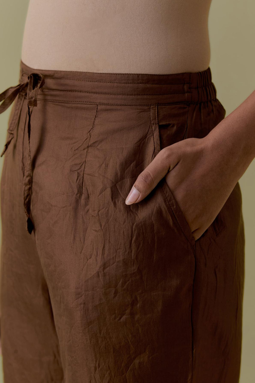 Chocolate Silk Hand-Block Printed Straight Pants with hand work at hem.