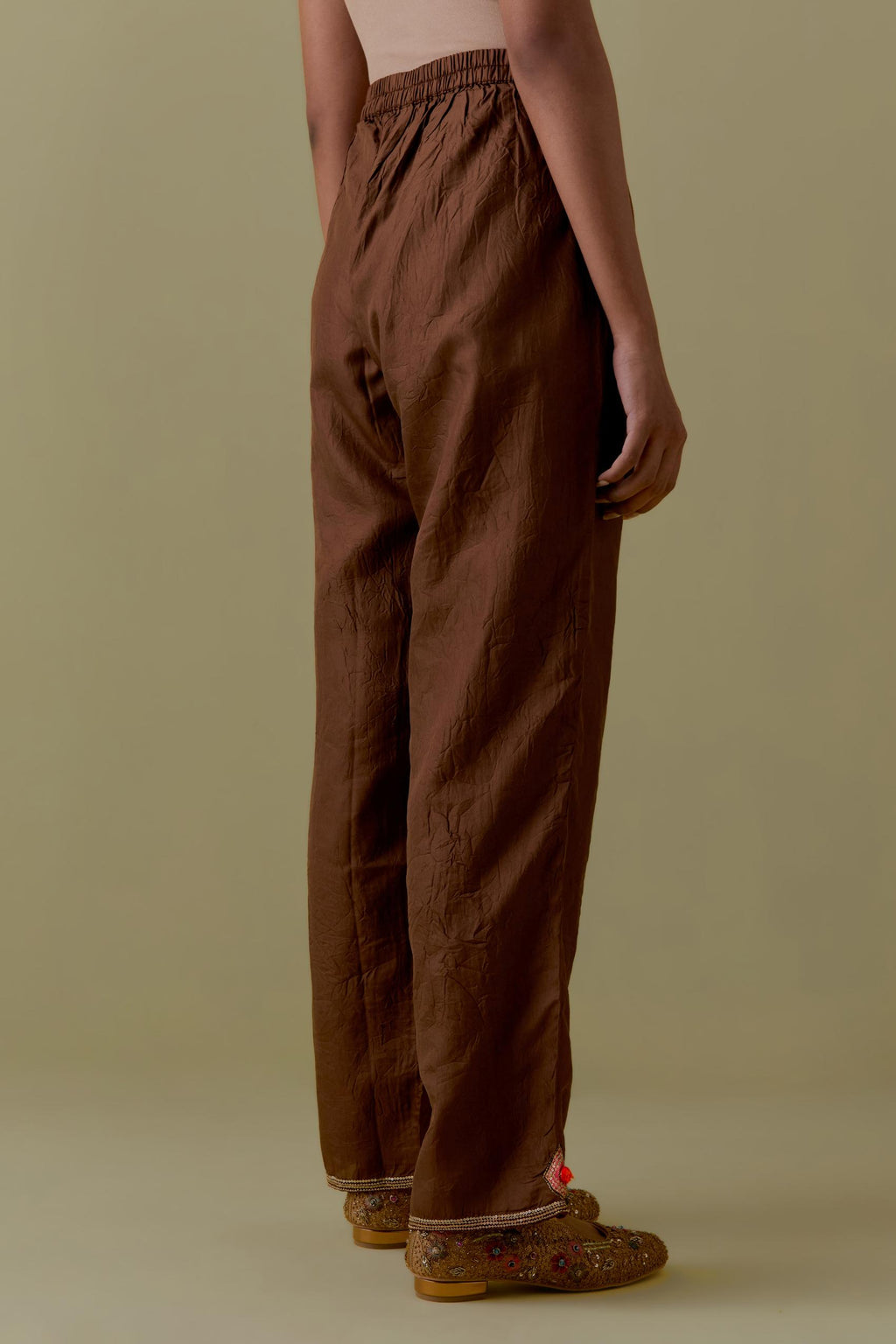 Chocolate Silk Hand-Block Printed Straight Pants with hand work at hem.
