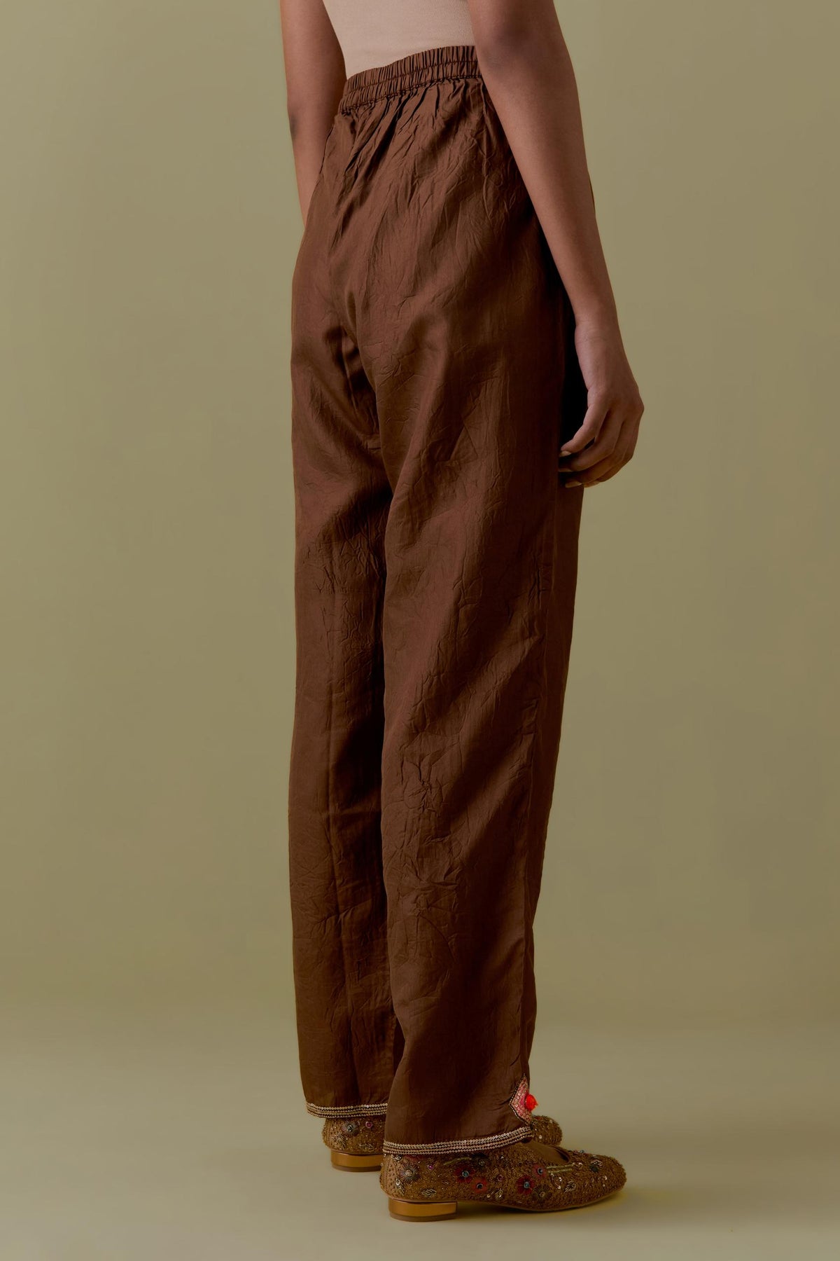 Chocolate Silk Hand-Block Printed Straight Pants with hand work at hem.