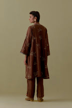 Chocolate A-Line short silk Kurta set with Hand-Worked Floral Motifs.