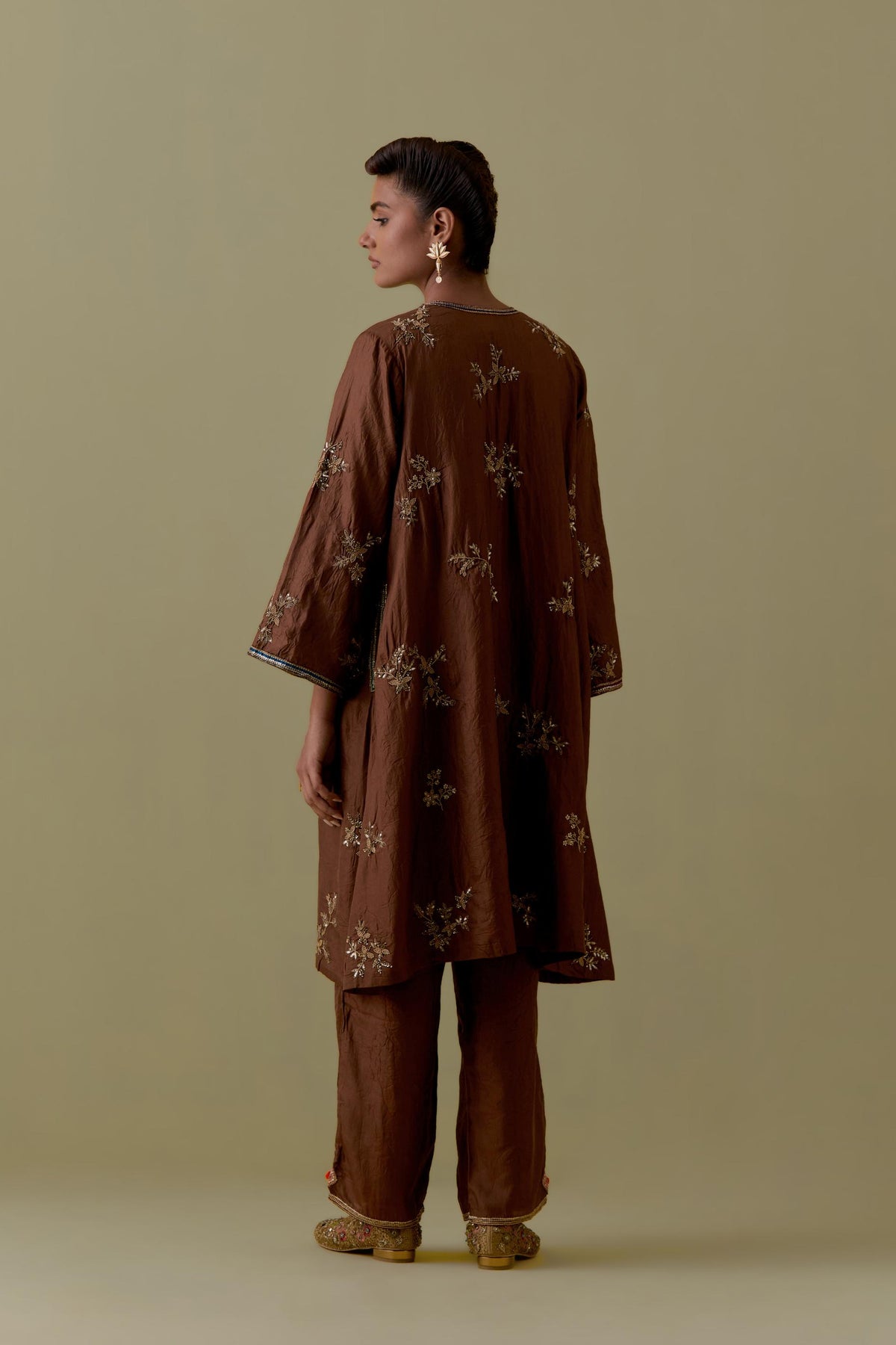 Chocolate A-Line short silk Kurta set with Hand-Worked Floral Motifs.