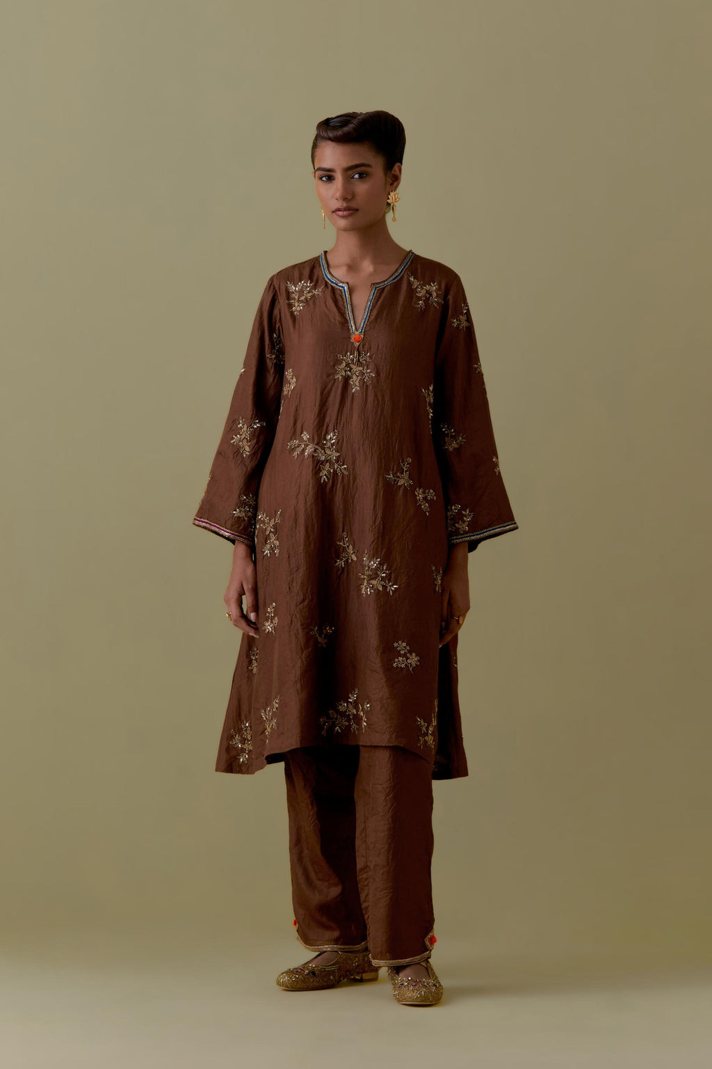 Chocolate A-Line short silk Kurta set with Hand-Worked Floral Motifs.