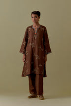 Chocolate A-Line short silk Kurta set with Hand-Worked Floral Motifs.