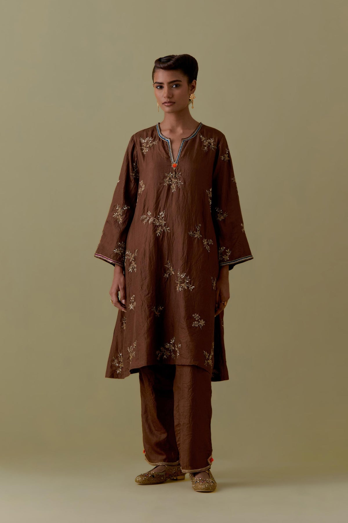 Chocolate A-Line short silk Kurta set with Hand-Worked Floral Motifs.