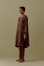 Chocolate A-Line short silk Kurta set with Hand-Worked Floral Motifs.