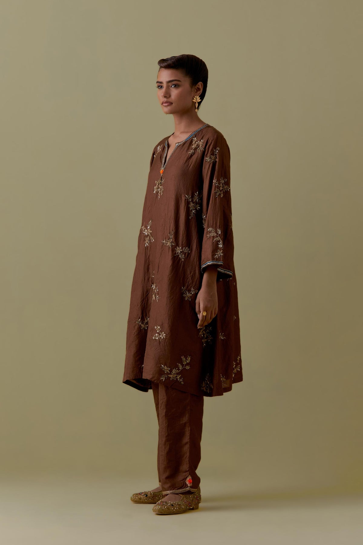 Chocolate A-Line short silk Kurta set with Hand-Worked Floral Motifs.