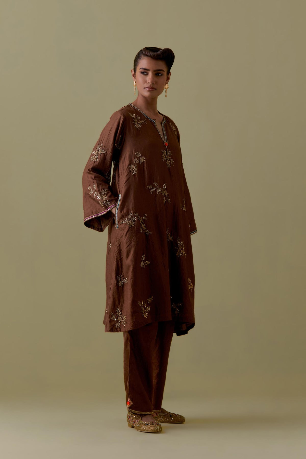 Chocolate A-Line short silk Kurta set with Hand-Worked Floral Motifs.