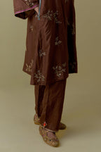 Chocolate A-Line short silk Kurta set with Hand-Worked Floral Motifs.