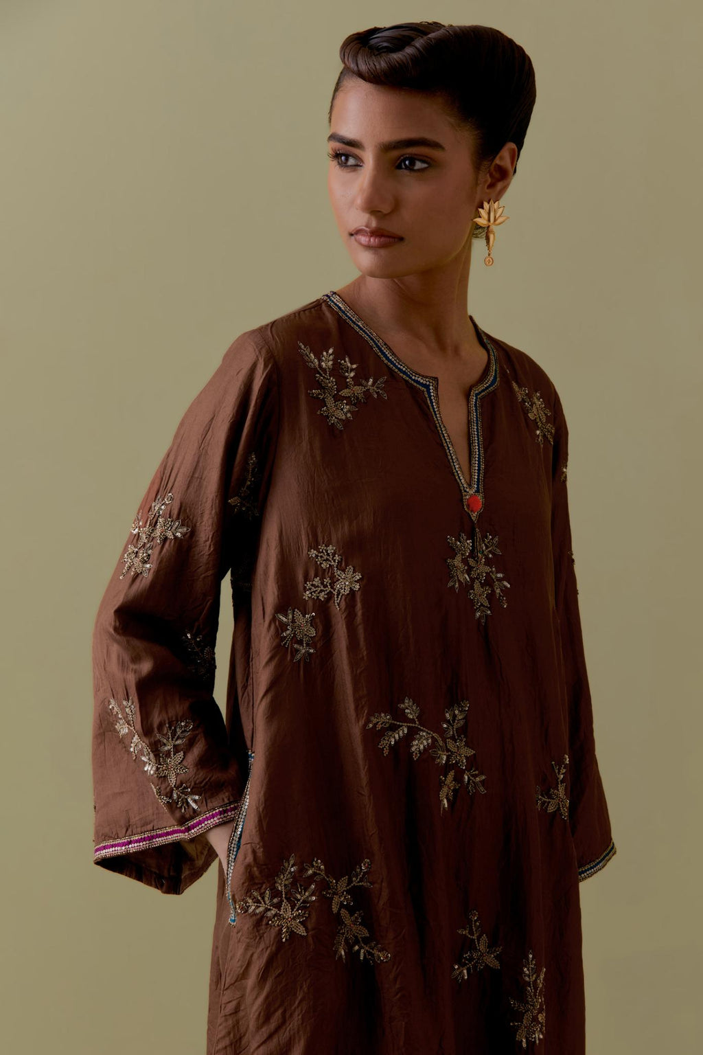 Chocolate A-Line short silk Kurta set with Hand-Worked Floral Motifs.