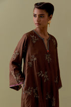 Chocolate A-Line short silk Kurta set with Hand-Worked Floral Motifs.