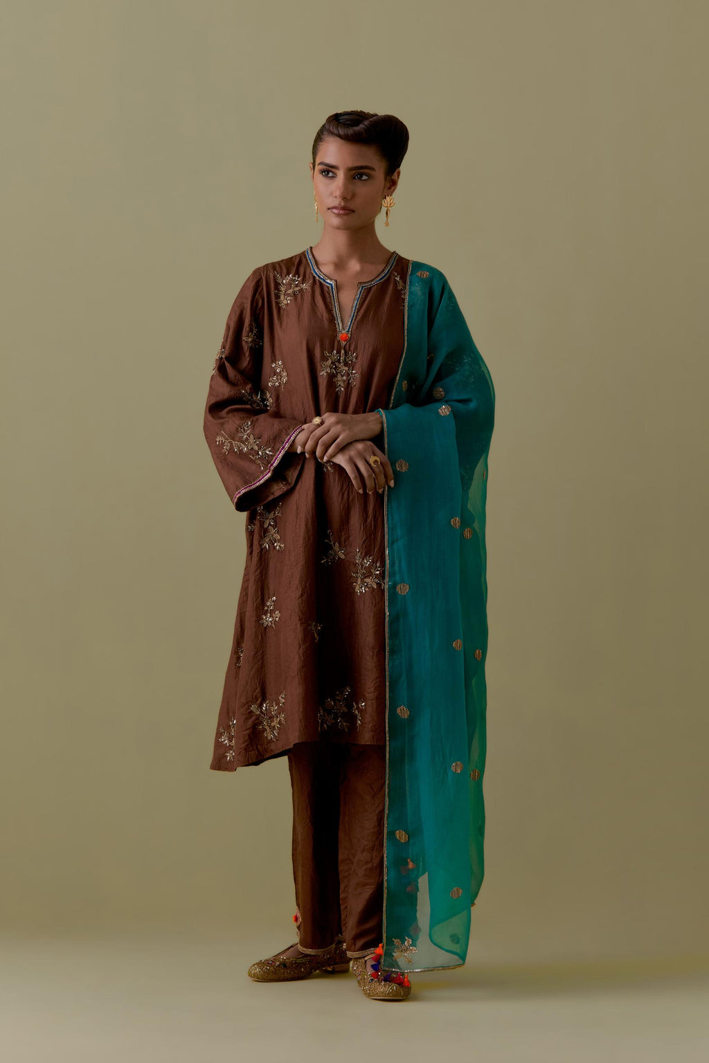 Chocolate A-Line short silk Kurta set with Hand-Worked Floral Motifs.