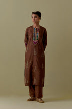 Chocolate silk straight Kurta set with Multicoloured Appliqué & Floral Motifs.