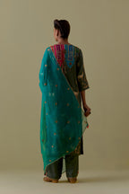 Teal Green Silk Organza Dupatta with Gold bead and sequins Handwork