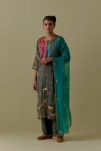 Teal Green Silk Organza Dupatta with Gold bead and sequins Handwork