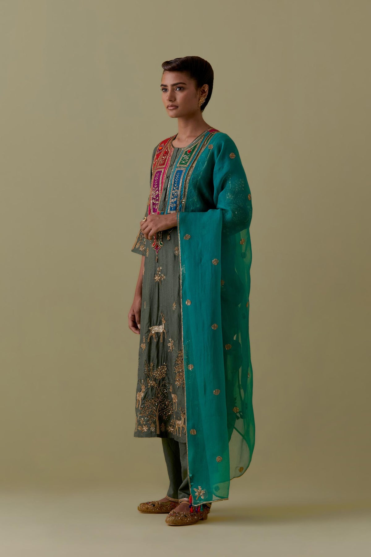 Teal Green Silk Organza Dupatta with Gold bead and sequins Handwork