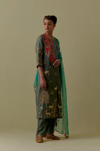 Green silk striaght Kurta set with Multicoloured Appliqué & Deer Motifs.