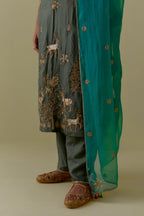 Green silk striaght Kurta set with Multicoloured Appliqué & Deer Motifs.