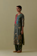 Green silk striaght Kurta set with Multicoloured Appliqué & Deer Motifs.