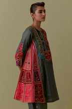 Green Silk Kalidar Kurta with Multicoloured Appliqué. Paired with green Silk Salwar with Gold seuins and bead Handwork