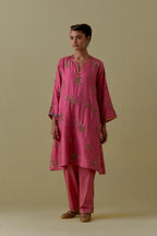 Pink A-Line short silk Kurta set with Hand-Worked Floral Motifs.
