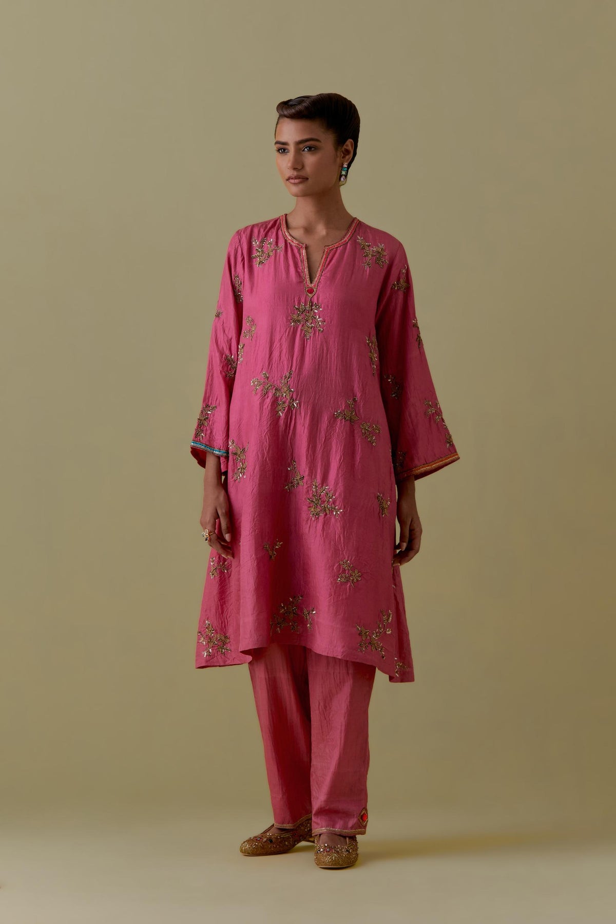 Pink A-Line short silk Kurta set with Hand-Worked Floral Motifs.