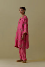Pink A-Line short silk Kurta set with Hand-Worked Floral Motifs.