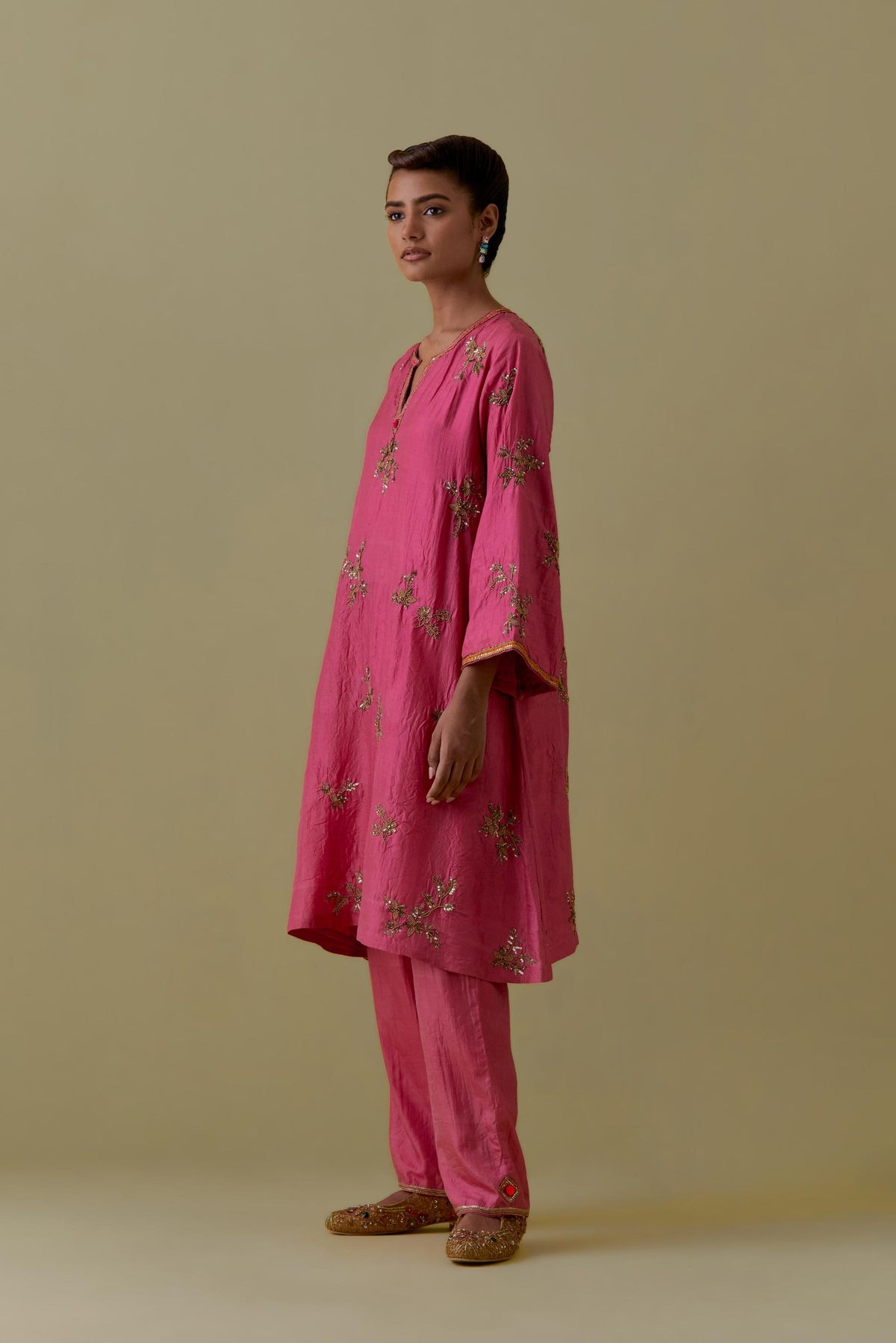 Pink A-Line short silk Kurta set with Hand-Worked Floral Motifs.
