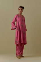 Pink A-Line short silk Kurta set with Hand-Worked Floral Motifs.
