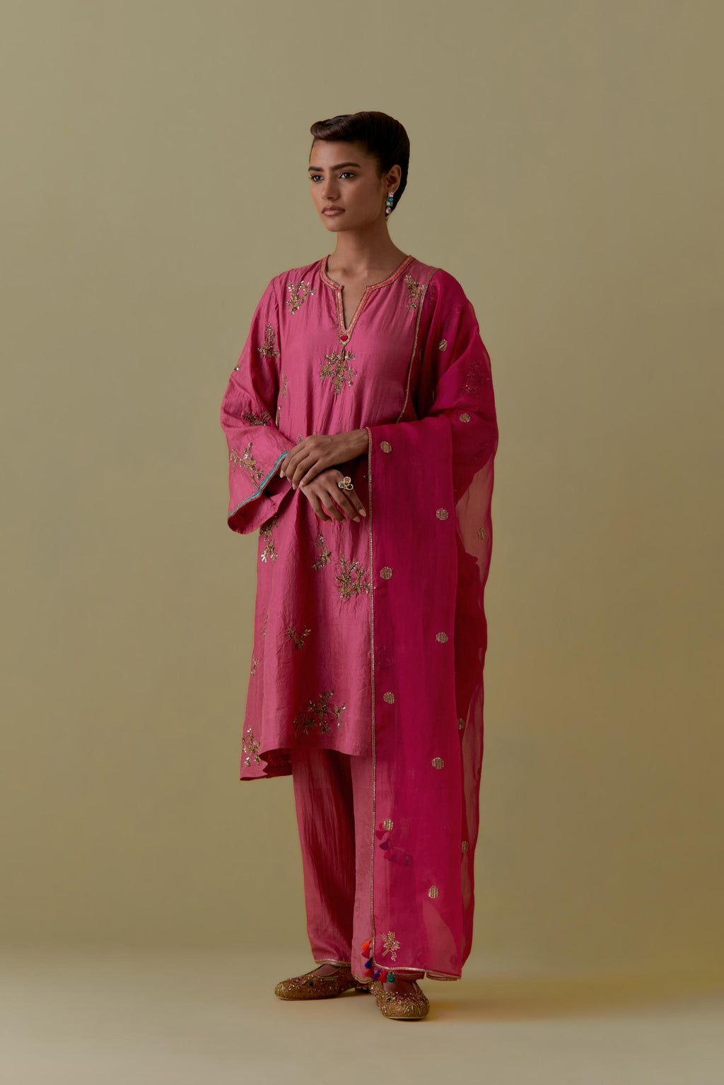 Pink A-Line short silk Kurta set with Hand-Worked Floral Motifs.
