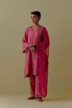 Pink A-Line short silk Kurta set with Hand-Worked Floral Motifs.